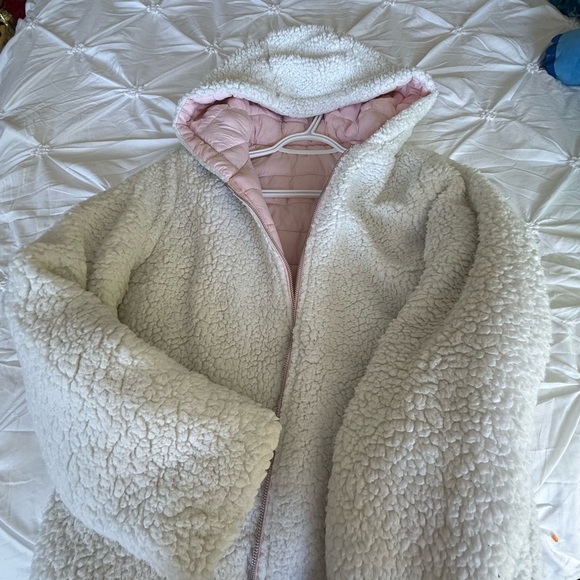 Jackets & Blazers - Cozy White Sherpa Jacket with Pink Lining
